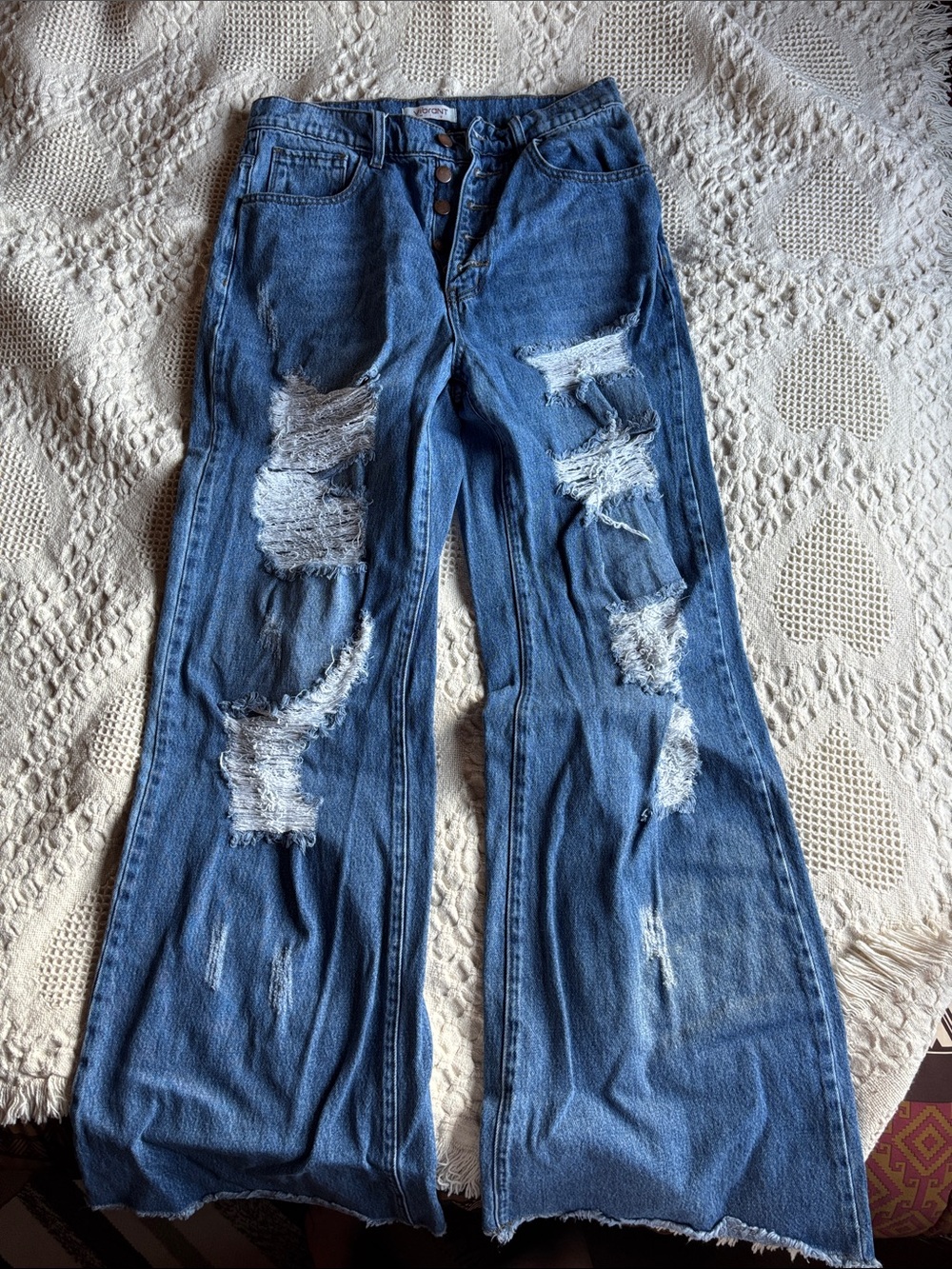 Vibrant Distressed Blue High-Rise Wide-Leg Jeans